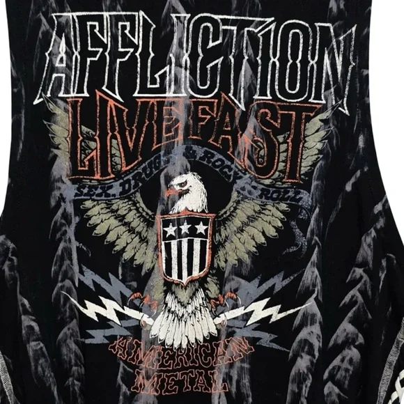 Affliction Live Fast American Metal Eagle Lace-Up Tank Top Black Small USA - Picture 3 of 6